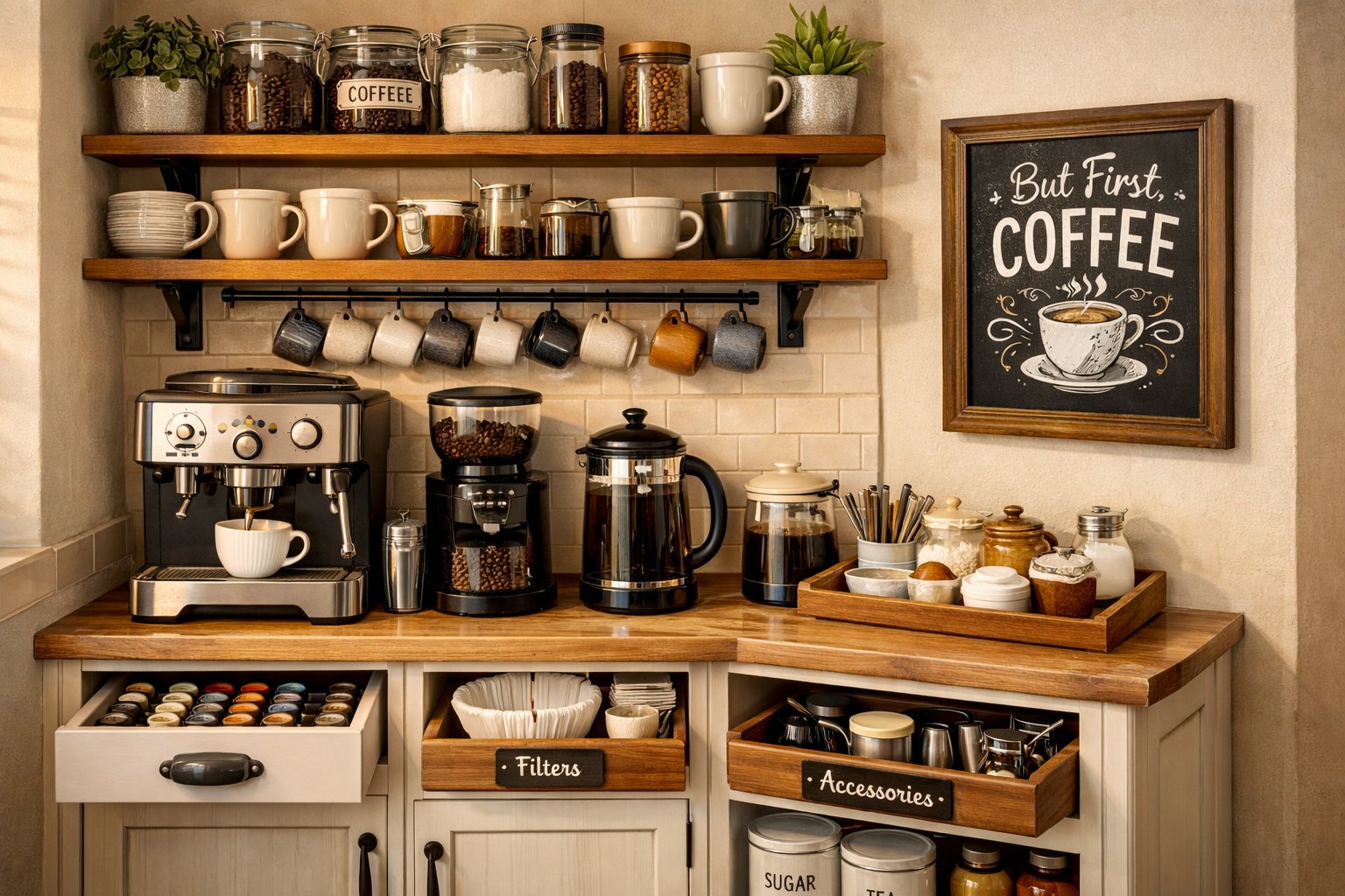 Your morning coffee should feel like a treat, not a hassle. Searching through cabinets for filters, digging for your favorite mug, and juggling coffee supplies across the counter creates stress before you even get that first sip.